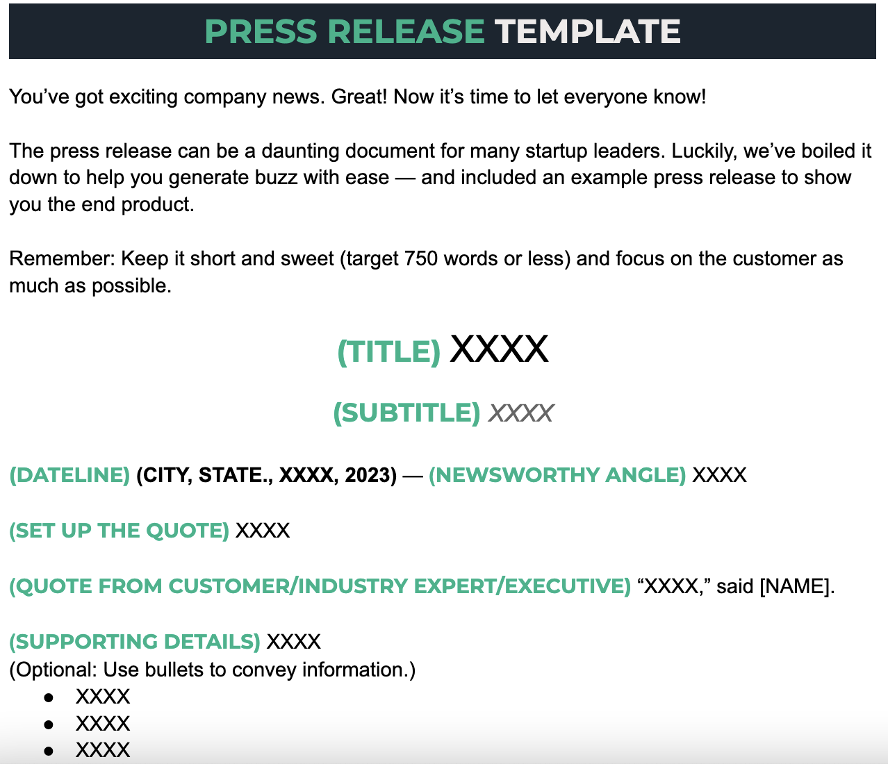 press release template screenshot